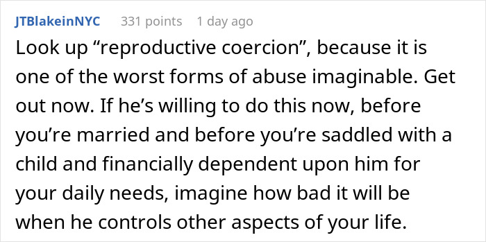 Text warning about the dangers of reproductive coercion related to hiding birth control pills.