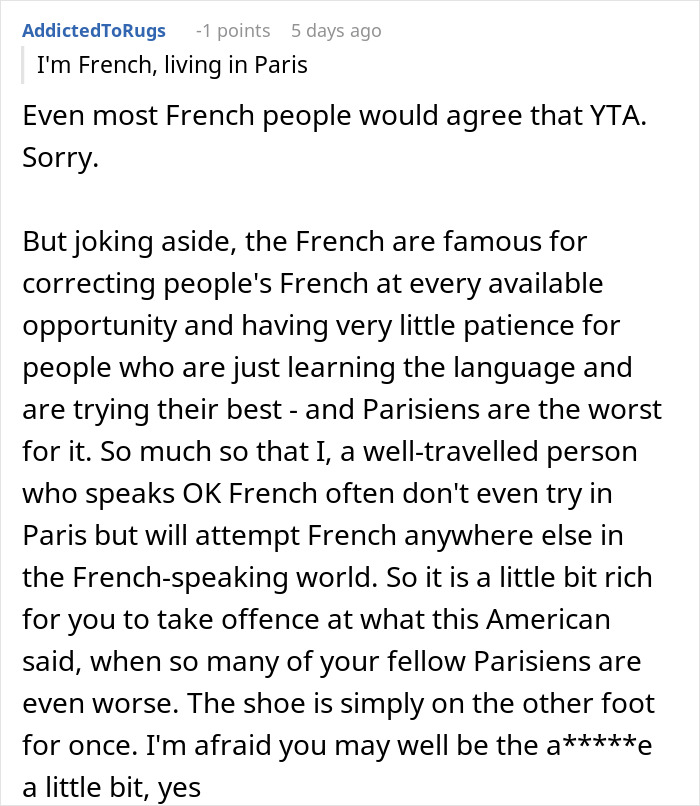 Comment discussing judgmental American mocking mispronunciation, criticized by French user.