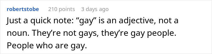 Comment highlighting correct usage of "gay" as an adjective, receiving 210 points on a forum.