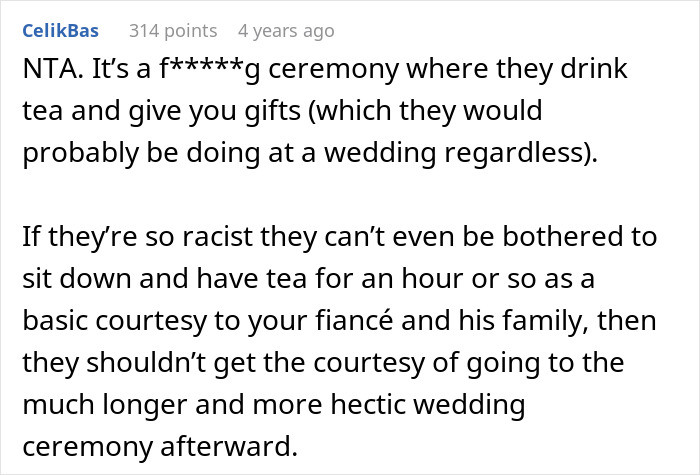 Text conversation about a bride banning parents for mocking fiancé's tradition and refusing participation.