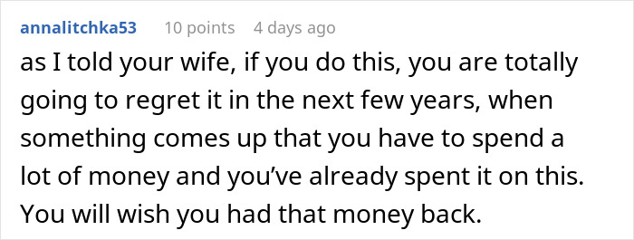 Comment discussing financial regrets related to a costly event, highlighting groomsman's struggles with destination wedding costs.