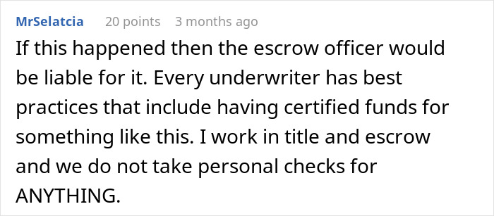 Online comment about escrow officer liability and certified funds practices.