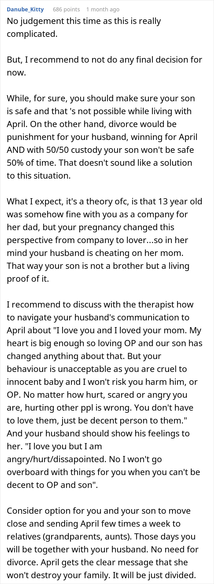 Text discussing a mother's thoughts on ending her marriage due to stepdaughter's behavior towards her baby.