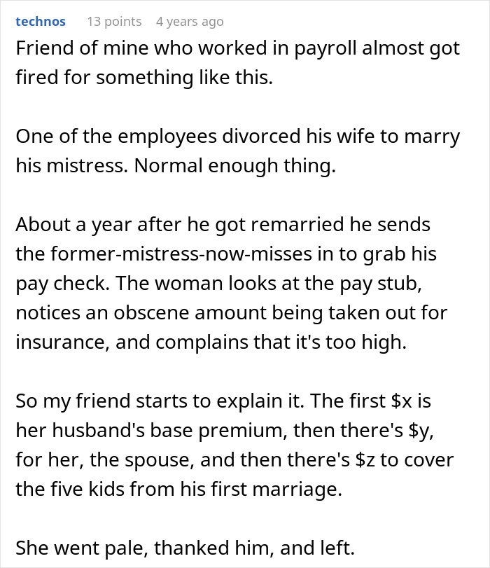 Text screenshot about a woman discovering her husband's secret from his pay stub.