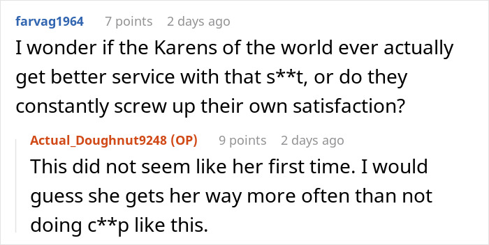 Reddit comments discussing a Karen's behavior and service experiences.