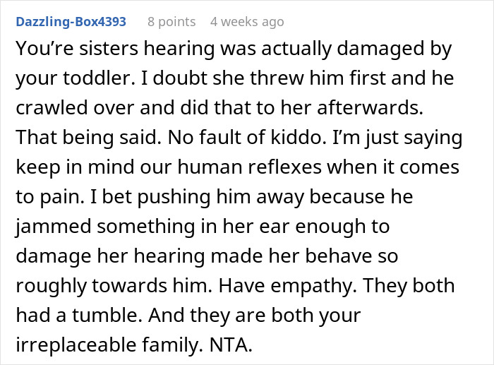 Text comment discussing a toddler's concussion and its impact on a sibling's hearing, emphasizing empathy and family ties.