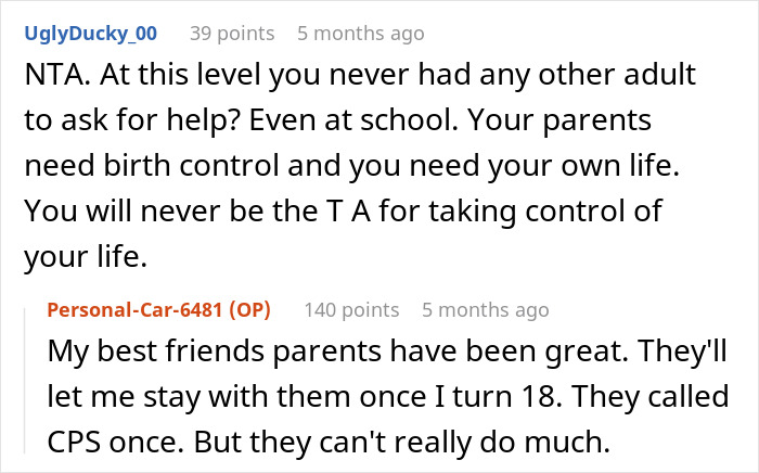 Reddit comments discussing a teen's plan to move out at 18, involving advice and support from others.