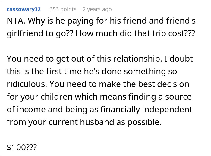 Comment discussing relationship issues and financial independence with reference to a $100 Christmas budget.