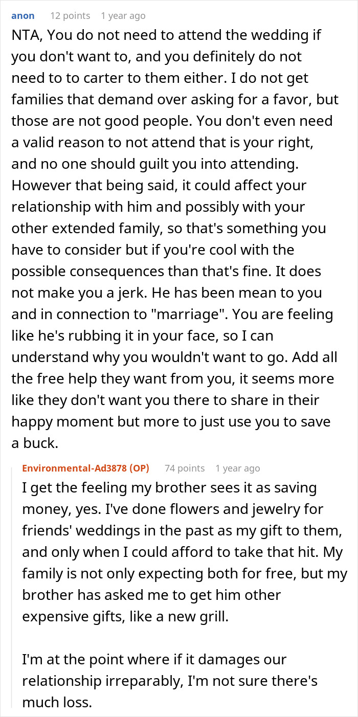 Reddit comments discussing a family issue where wedding chores were imposed on a woman.