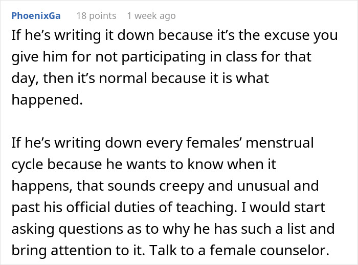 Text discussing concerns about a teacher clocking periods, questioning appropriateness and encouraging consultation with a counselor.