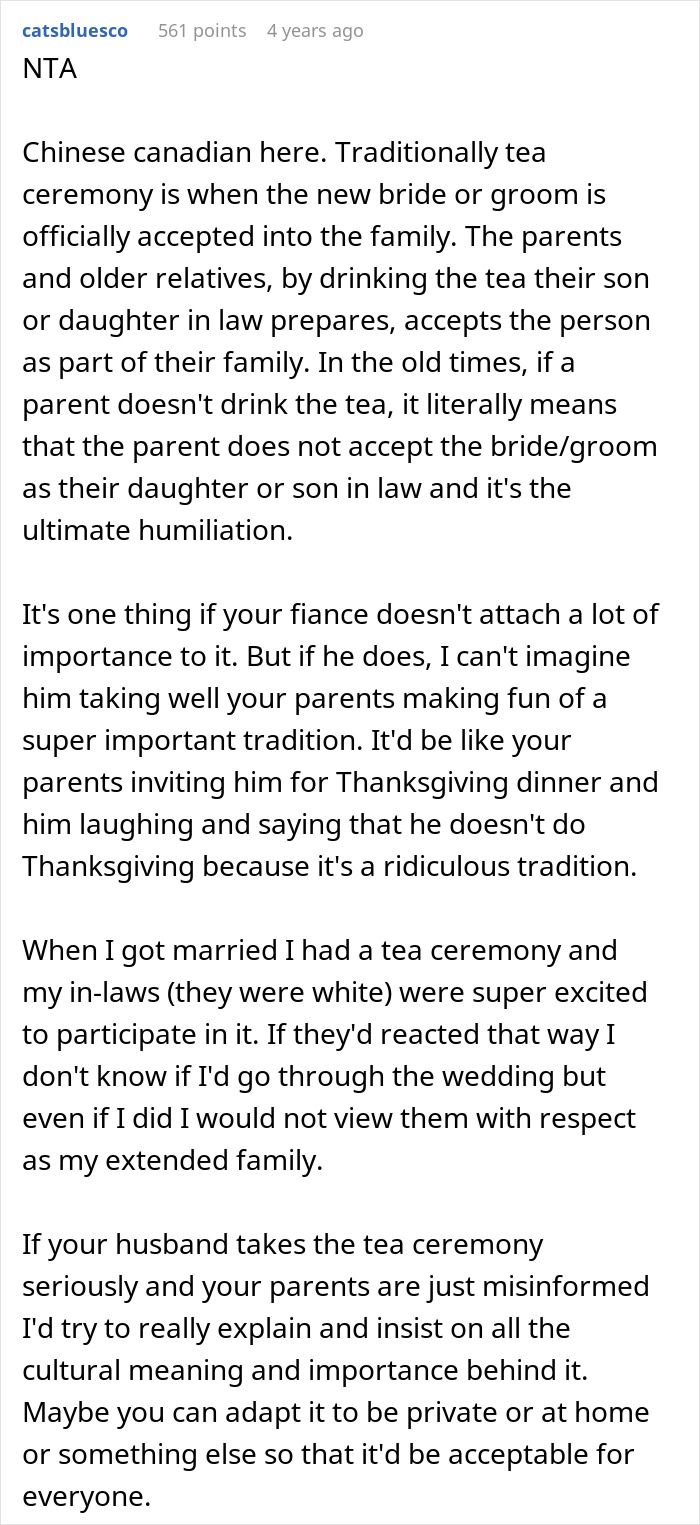 Text on a social media platform discussing a bride banning parents from her wedding over mocking her fiancé's tradition.