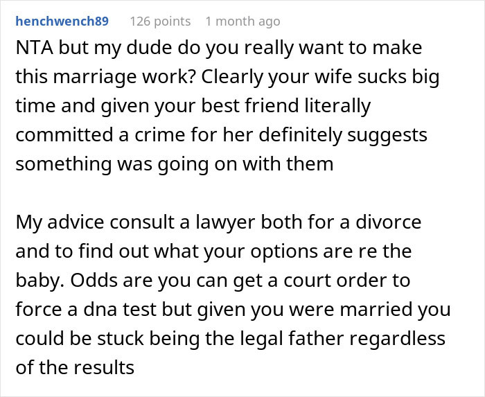 Text screenshot discussing paternity test refusal by cheating wife and legal advice.