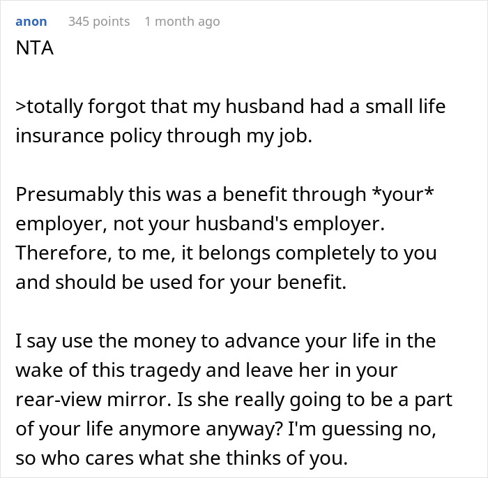 Text excerpt about life insurance policy and benefit ownership after a husband's passing.