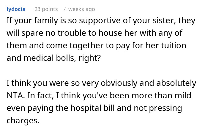 Text discussion about family support in paying tuition and medical bills, referencing refusing pay sister's college.