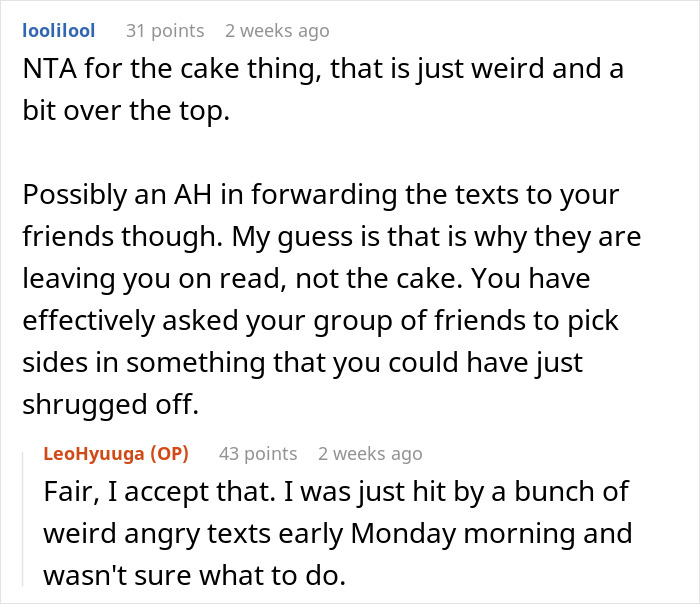 Text conversation about a cake and friend issues at a birthday party.