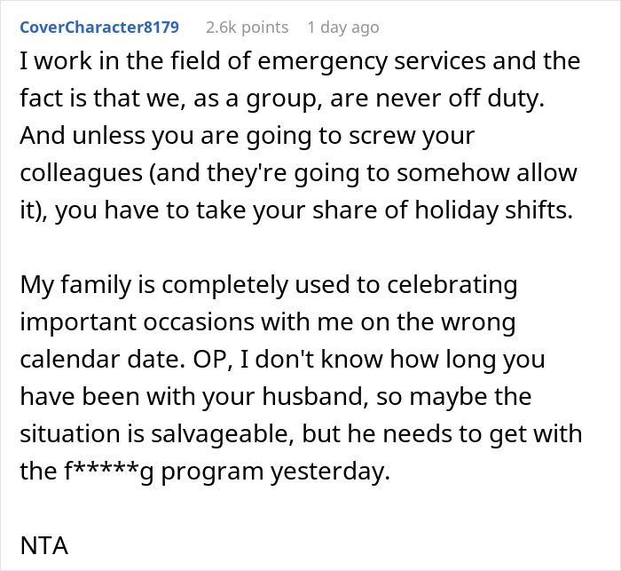 Text discussing work in emergency services affecting a family's holiday celebrations; includes advice about a husband.