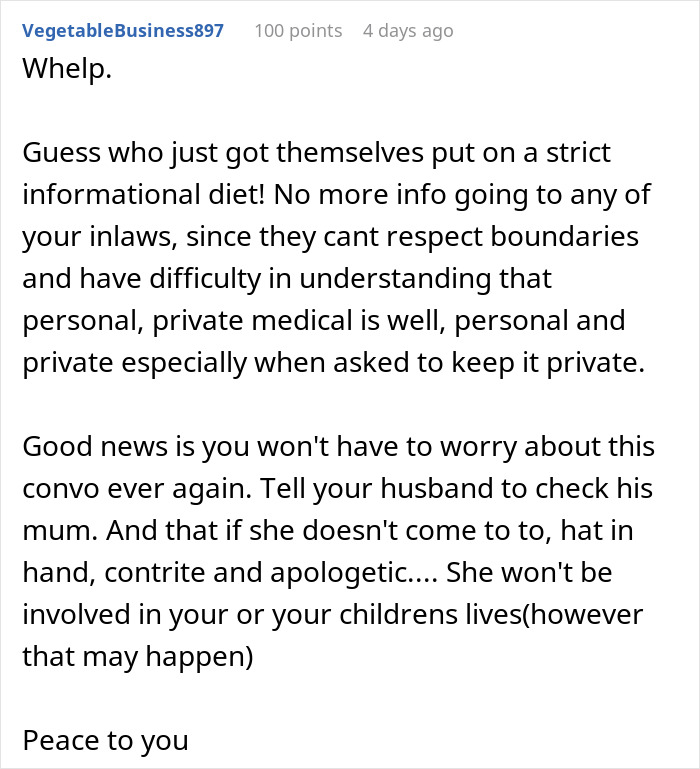 Text post discussing personal boundaries and family dynamics after a private medical issue was made public.