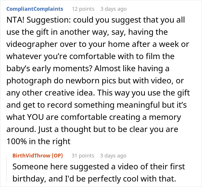 Suggestions on using a gift in a comfortable way, involving baby's early moments, discussed in a comment thread.