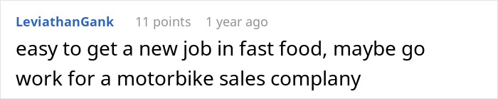 Comment about finding a job in motorbike sales, related to c*****g employee hours.