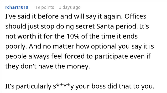 Reddit comment discussing the issues and awkwardness of workplace Secret Santa gifts.