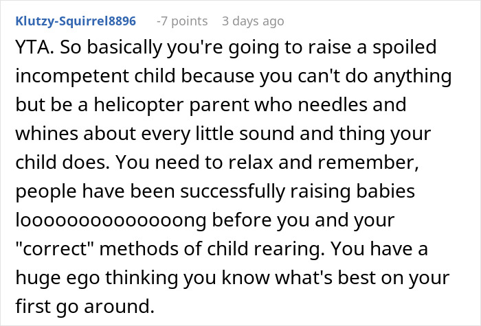 Reddit comment criticizing parenting approach, highlighting helicopter parenting and child-rearing methods.