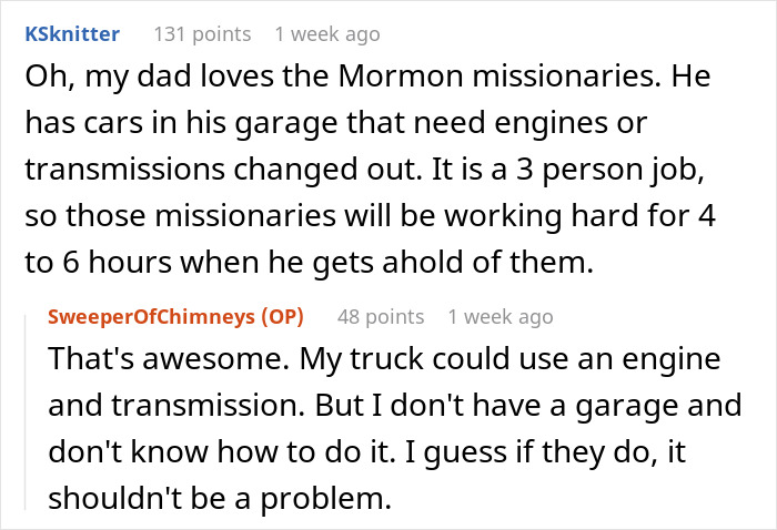 Reddit conversation about Mormon missionaries helping with car repairs, highlighting persistence in learning skills.