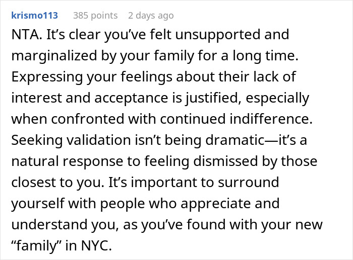 Reddit comment discussing feelings of unsupport and neglect in a mom-relationship-drama context.