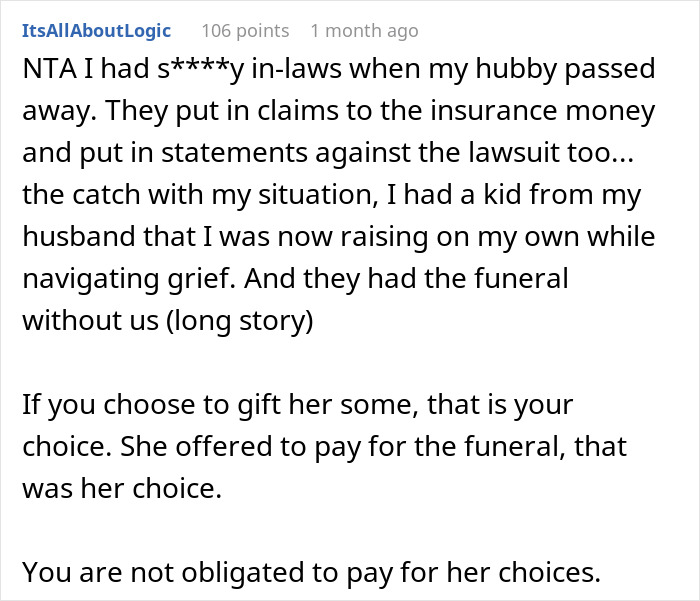 Text discussing funeral costs and life insurance repayment expectations between in-laws.