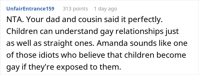 Reddit comment discussing children's understanding of gay relationships compared to straight relationships.