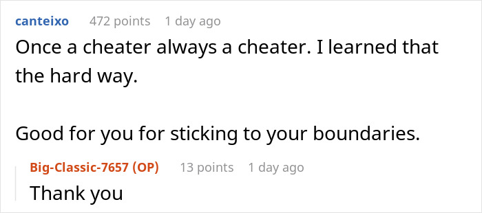 Reddit comment exchange discussing the difficulty of refusing to take back a cheating girlfriend.