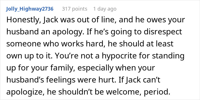 Text comment about a sibling's boyfriend being unwelcome due to disrespectful behavior.