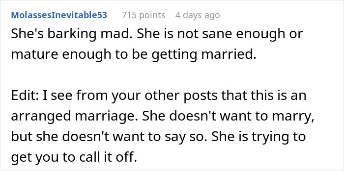 Reddit comment criticizing arranged marriage; mentions fiance demands to sell car ex sat in.