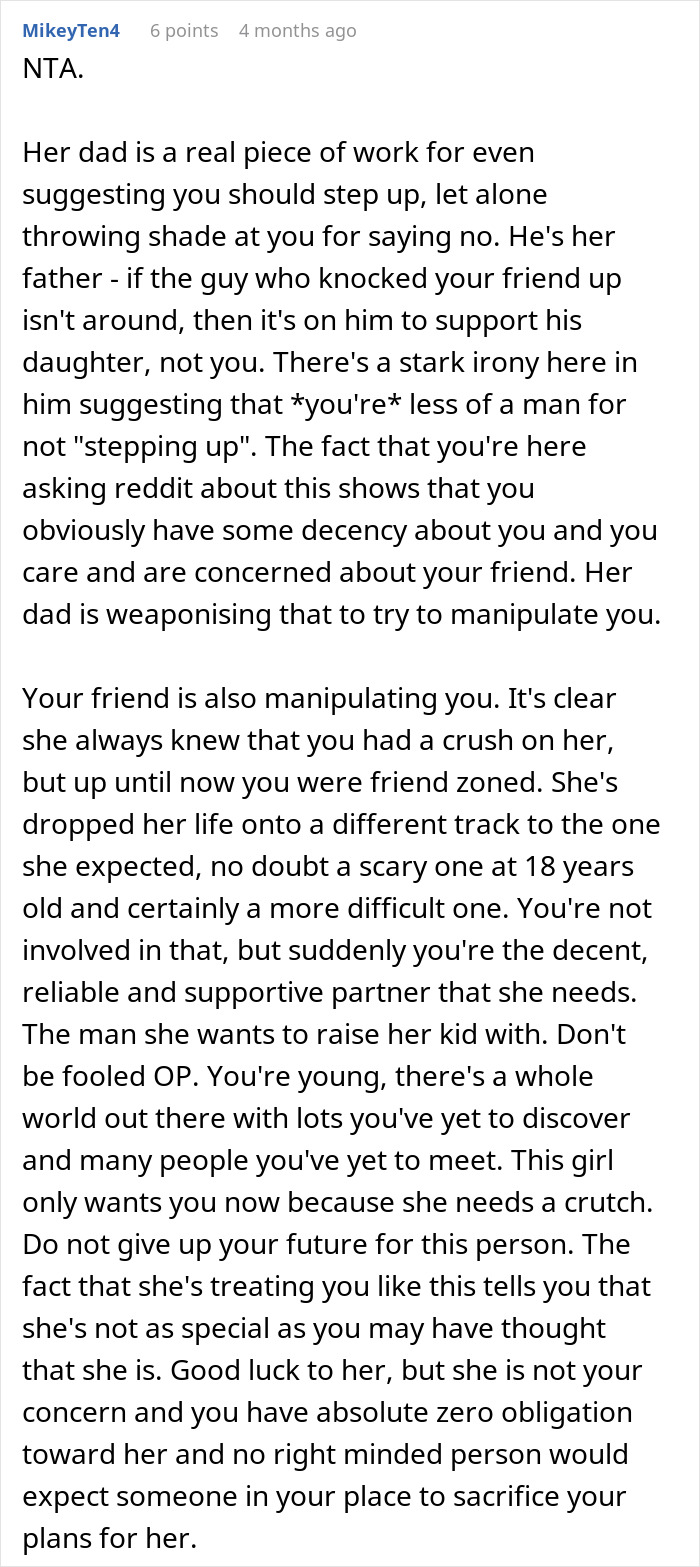 Reddit post screenshot discussing a scenario where a teen refuses responsibility for a baby that's not his.