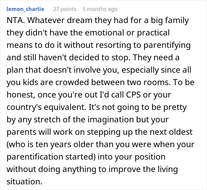 Reddit comment discussing challenges faced by parents of ten kids with the oldest wanting to move out at 18.