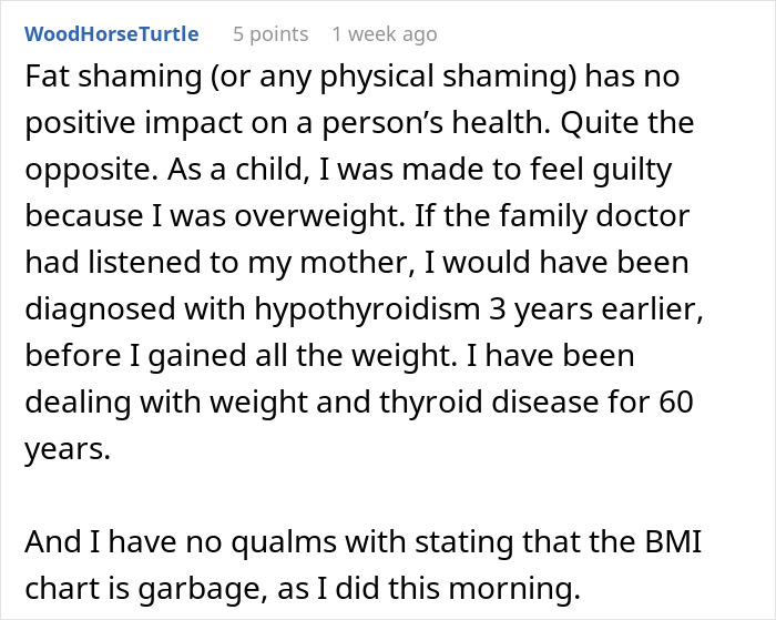 A Reddit user shares their experience and stance against fat-shaming and the impact on health.