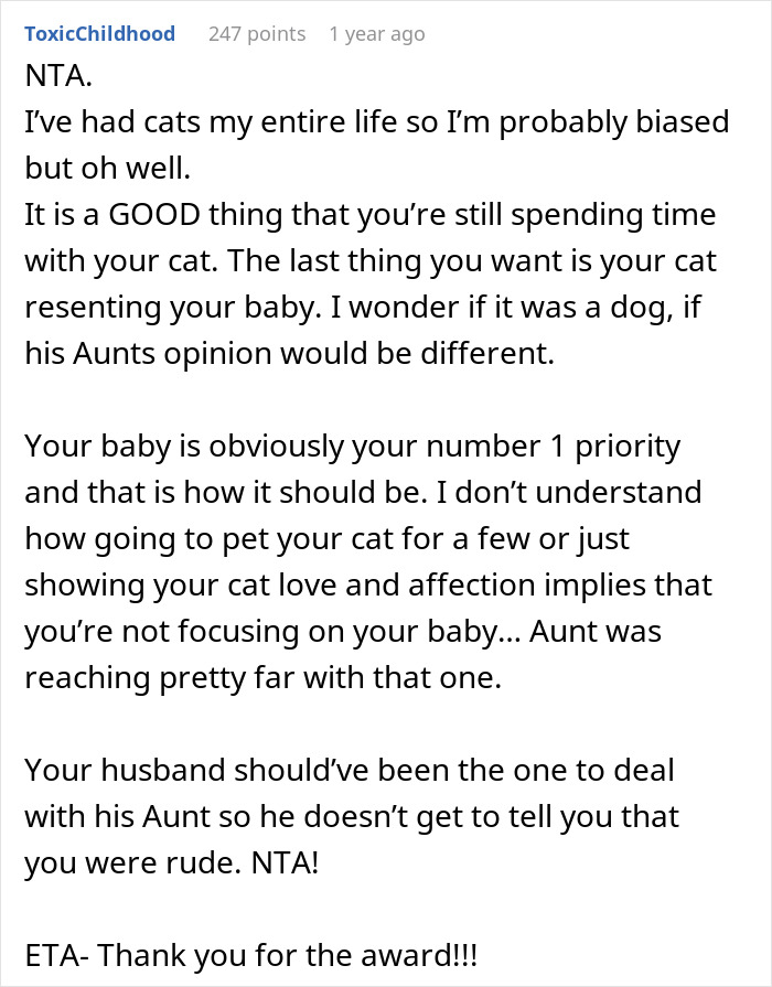 Reddit post discussing new mom's priorities between baby and cat after aunt-in-law's comments.