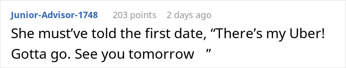 Reddit comment humorously referencing a date and Uber situation.