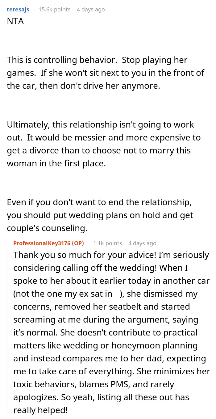 Reddit discussion about controlling partner demanding the sale of a car due to its history.