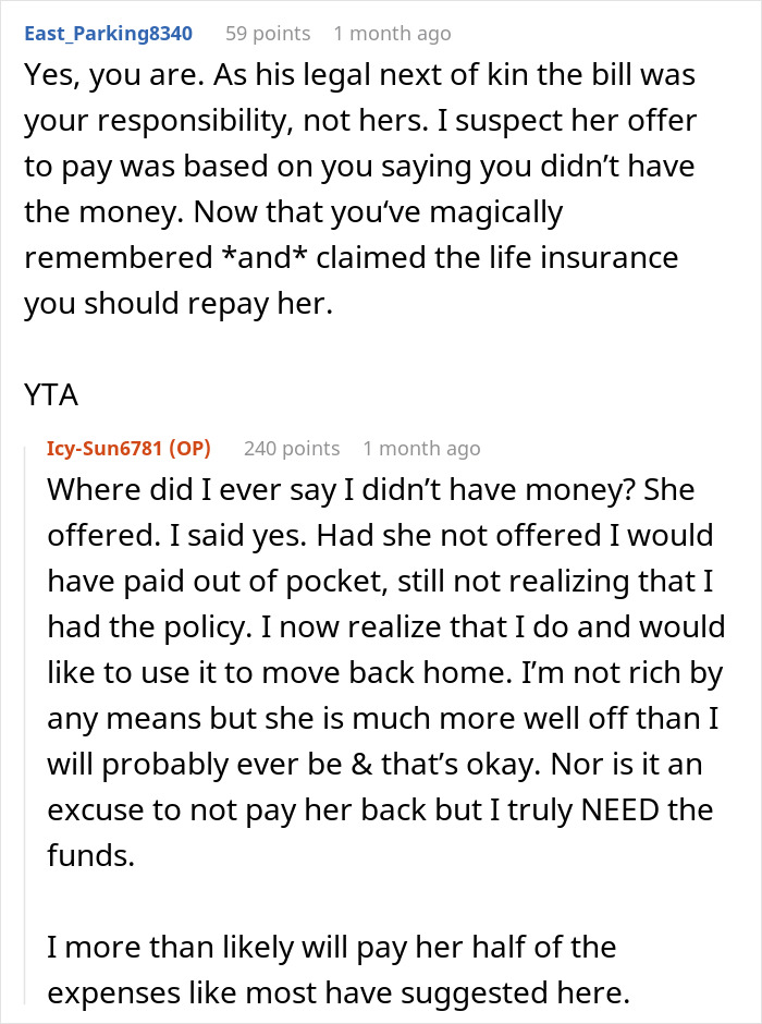 Online discussion about funeral costs and repayment from life insurance.