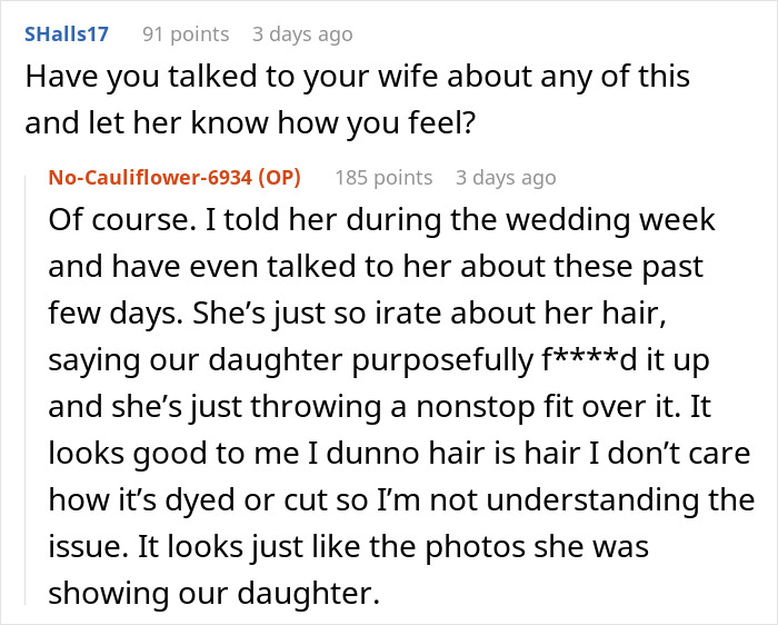 Reddit discussion about wedding day ruined by mother’s demands regarding daughter's hair.