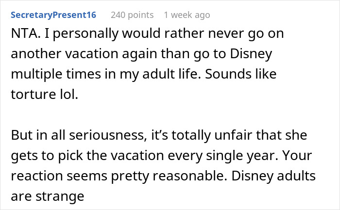 A Reddit comment about preferring Hawaii over multiple Disney trips, expressing frustration with frequent Disney vacations.