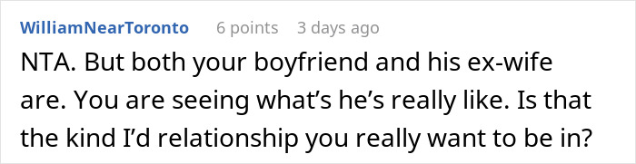 Reddit comment discussing a relationship dynamic involving an ex-wife and current boyfriend.