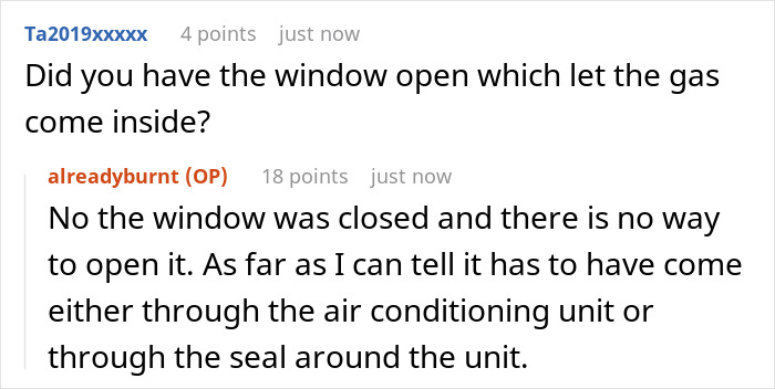 Reddit conversation about hotel room smoke issue, discussing gas entry through air conditioning or window seal.