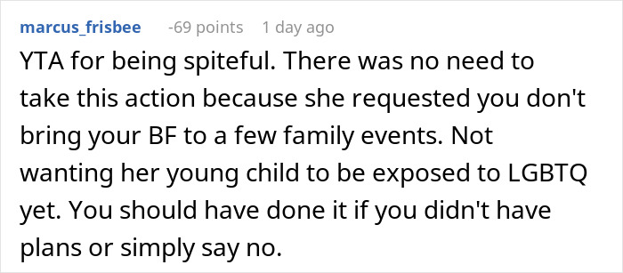 Reddit comment criticizing someone for refusing to babysit after a family request regarding a boyfriend at events.