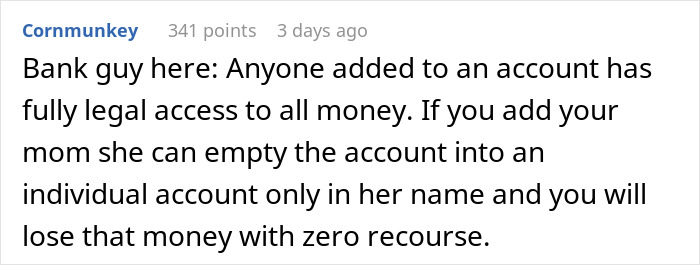 Text warning about the risk of adding a mother to a bank account, highlighting potential money loss.