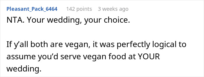 Text post expressing support for a vegan wedding, emphasizing the couple's choice for their cake.