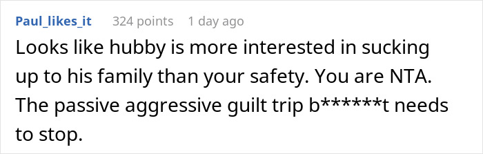 Comment criticizing husband's behavior towards family and prioritization over safety during Christmas.