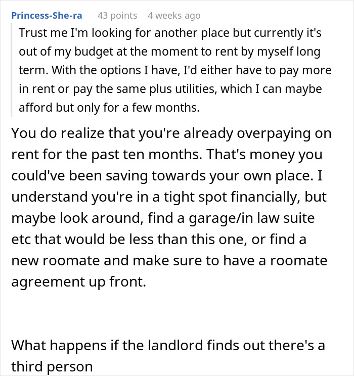 Screenshot of a Reddit post discussing an awkward living situation involving his girlfriend moving in.