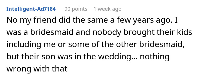 Reddit comment discussing a bridesmaid's view on child-free weddings, mentioning a friend's similar experience.