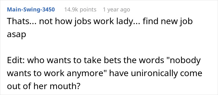 Reddit comment criticizing a boss for c*****g employee hours, related to buying a motorcycle.